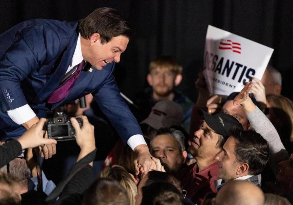 Florida Governor Ron DeSantis greets supporters during his caucus watch party at the Sheraton West Des Moines Hotel on Monday, Jan. 15, 2024, in West Des Moines, Iowa. Former President Donald Trump placed first in the Iowa Caucuses Monday night. MATIAS J. OCNER/mocner@miamiherald.com