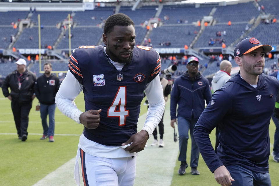 Chicago Bears safety Eddie Jackson runs off the field after an NFL football game against the Minnesota Vikings, Sunday, Oct. 15, 2023, in Chicago. (AP Photo/Nam Y. Huh)