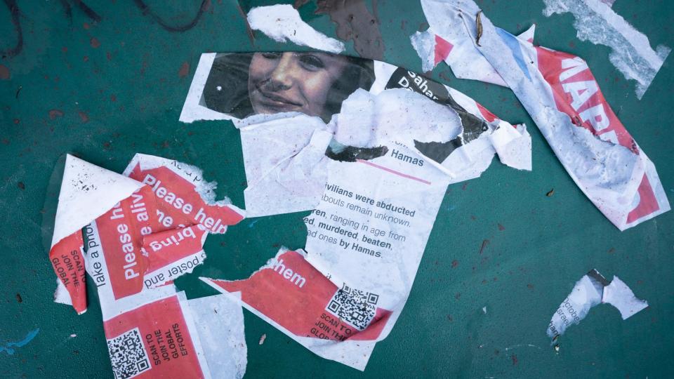 The UK has seen a significant spike in anti-Semitic incidents, such as these defaced flyers of Israeli hostages in Waterloo