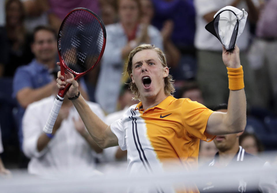 Denis Shapovalov, of Canada, reacts after winning the fourth set against Kevin Anderson, of South Africa, during the third round of the U.S. Open tennis tournament, Friday, Aug. 31, 2018, in New York. (AP Photo/Julio Cortez)