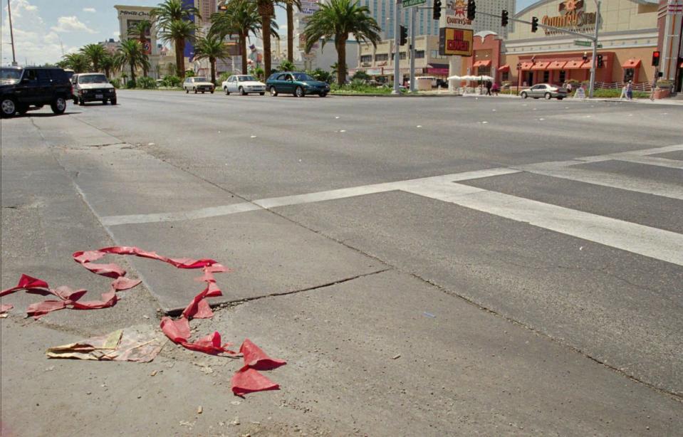 PHOTO: The intersection of Harmon and Las Vegas Blvd., in Las Vegas, Sept. 8, 1996, where Tupac Shakur and Death Row Records Chairman Marion 'Suge' Knight were stopped and transported to the University Medical Center-Trauma unit after being shot. (Jack Dempsey/AP)