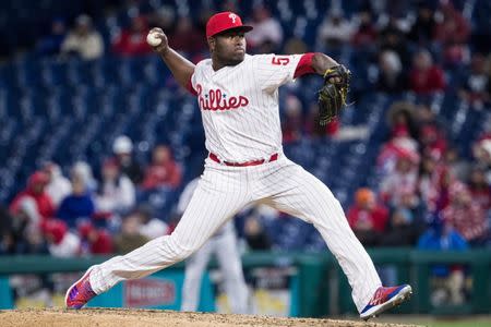 Mar 31, 2019; Philadelphia, PA, USA; Philadelphia Phillies relief pitcher Hector Neris (50) throws a pitch during the ninth inning against the Atlanta Braves at Citizens Bank Park. Mandatory Credit: Bill Streicher-USA TODAY Sports