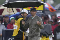 Northern Ireland's Rory McIlroy reacts on the 10th tee during the final day of the British Open Golf Championships at the Royal Liverpool Golf Club in Hoylake, England, Sunday, July 23, 2023. (AP Photo/Kin Cheung)