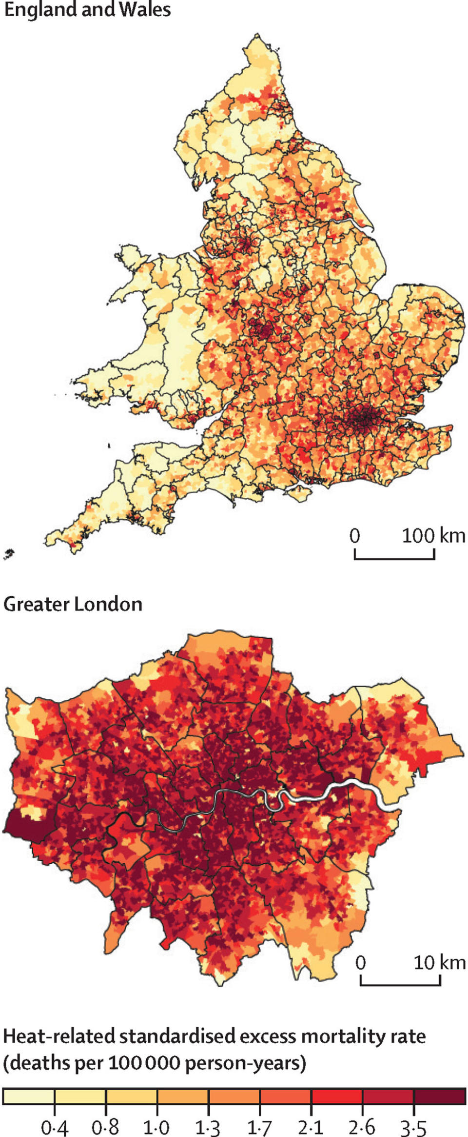 Highly localized maps of England and Wales (top) and London (bottom) showing which communities are most vulnerable to heat-related fatalities.<span class="copyright">Gasparrini et al. / The Lancet Planetary Health</span>