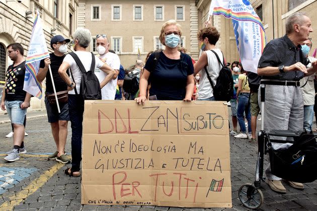 ROME, ITALY - JULY 13:  People take part in the demonstration near the Senate to support Zan Law against homotransphobia, misogyny and ableism, on July 13, 2021 in Rome, Italy. The debate on the Law against homotransphobia, named after Alessandro Zan, its promoter, begins today in the Senate. Collectives and associations of the LGBTQ+ community are calling for the law to be passed without compromises and discounts. (Photo by Simona Granati - Corbis/Corbis via Getty Images) (Photo: Simona Granati - Corbis via Corbis via Getty Images)