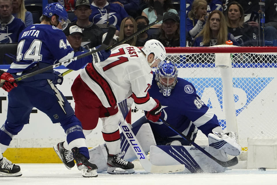 Carolina Hurricanes right wing Jesper Fast (71) scores past Tampa Bay Lightning goaltender Andrei Vasilevskiy (88) during the second period in Game 4 of an NHL hockey Stanley Cup second-round playoff series Saturday, June 5, 2021, in Tampa, Fla. (AP Photo/Chris O'Meara)