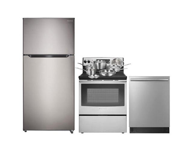 Insignia 30" 18 Cu. Ft. Top Freezer Refrigerator; Electric Range; Dishwasher; Cookware Set. Image via Best Buy.