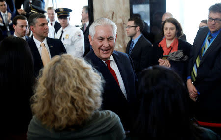 Outgoing U.S. Secretary of State Rex Tillerson says his goodbyes as he departs the State Department in Washington, U.S., March 22, 2018. REUTERS/Kevin Lamarque