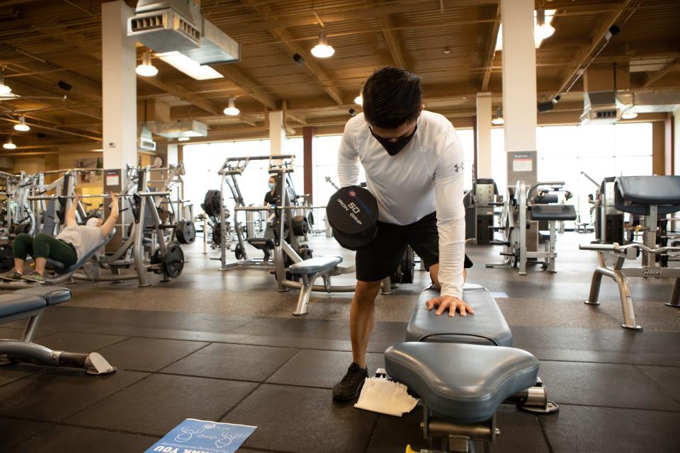 Masks are encouraged at gyms including 24 Hour Fitness, which asks members to reserve their gym times in advance through an app.