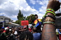 FILE - The Economic Freedom Fighters (EFF) leader Julius Malema speaks during their picket against Uganda's anti-homosexuality bill at the Ugandan High Commission in Pretoria, South Africa on April 4, 2023. Uganda's president Yoweri Museveni has signed into law tough new anti-gay legislation supported by many in the country but widely condemned by rights activists and others abroad, it was announced Monday, May 29, 2023. (AP Photo/Themba Hadebe, File)