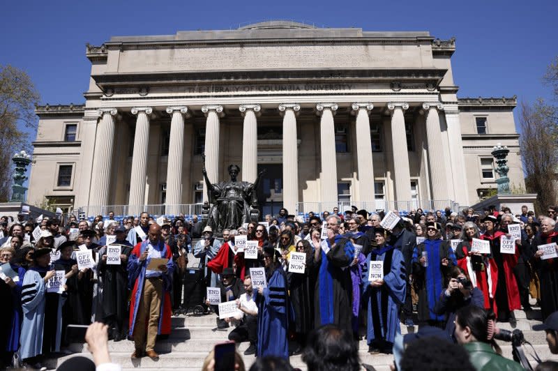 A faculty rally in favor of academic free speech is held in the main quad at Columbia University in New York on Monday, April 22, 2024. Columbia University announced that classes would be held remotely starting Monday, as pro-Palestinian protests continued for the sixth day on the school's campus. Photo by John Angelillo/UPI