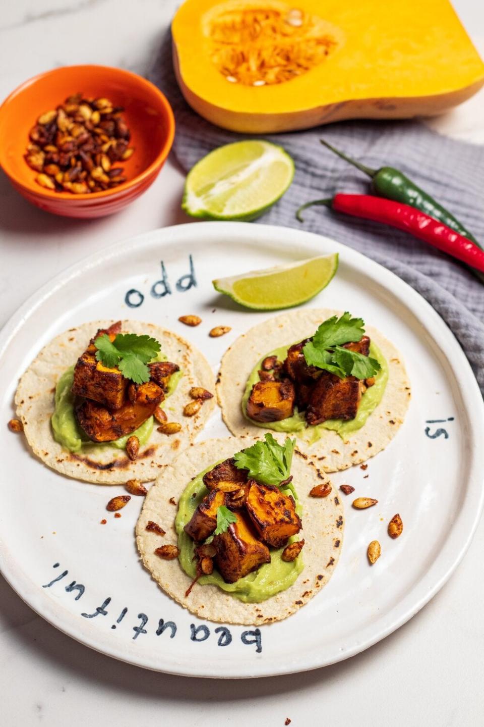 Swap squash for your favourite veg, or speed things up by buying pre-made guac and tacosOddbox