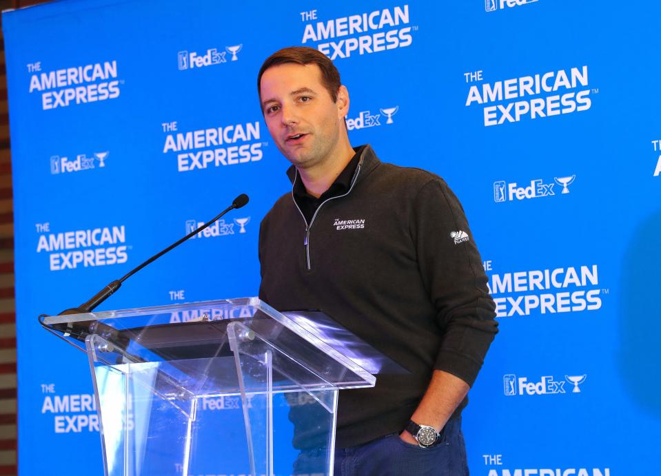 Pat McCabe the tournament executive director of the American Express announces some of the field of PGA players that will be competing next month during a press conference at PGA West in La Quinta, Calif., Dec. 7, 2022. 