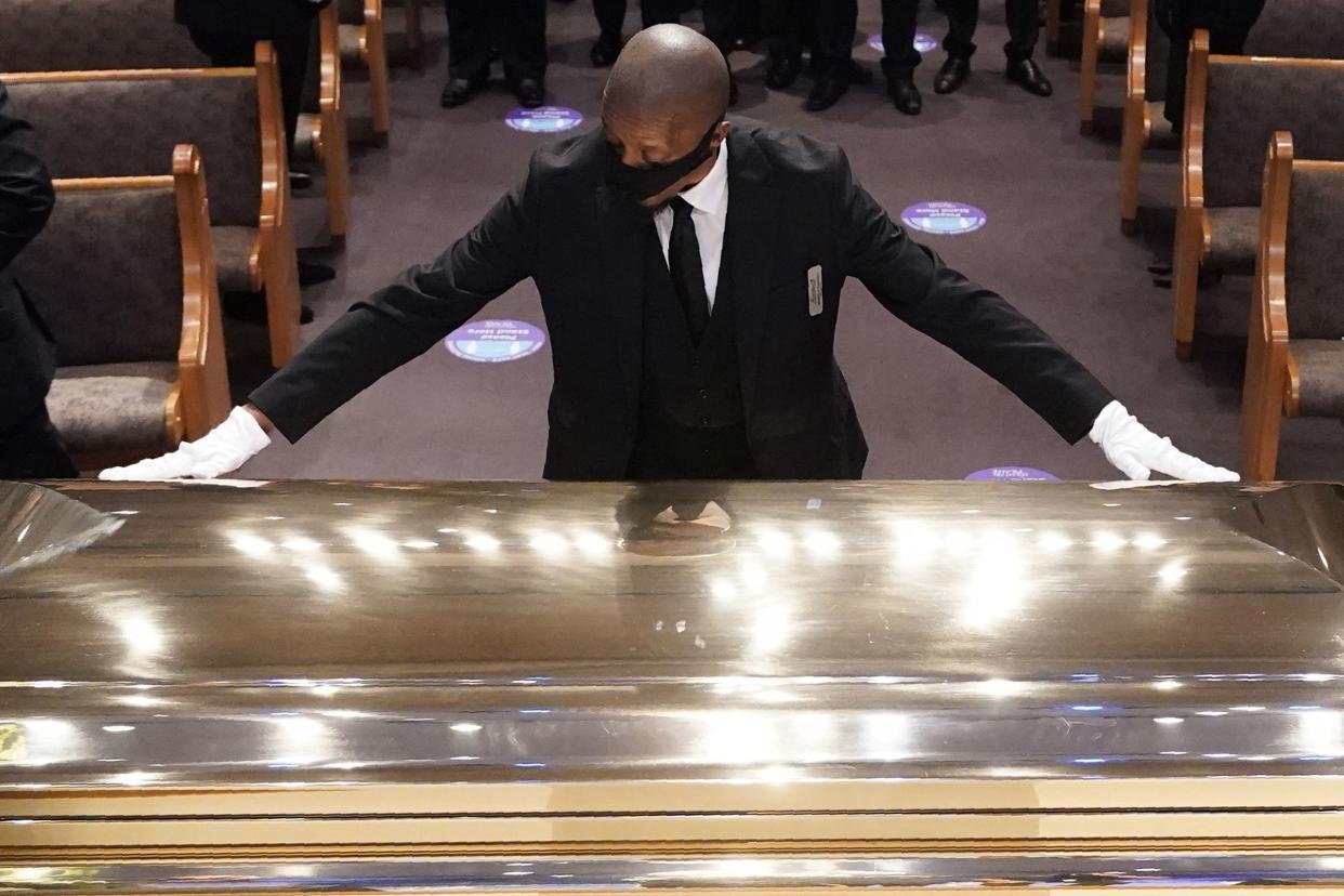 The casket of George Floyd is placed in the chapel during a funeral service for Floyd at the Fountain of Praise church on June 9, 2020, in Houston.