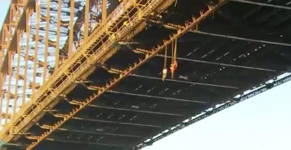 Protesters hang from the Harbour Bridge. Source: 9News