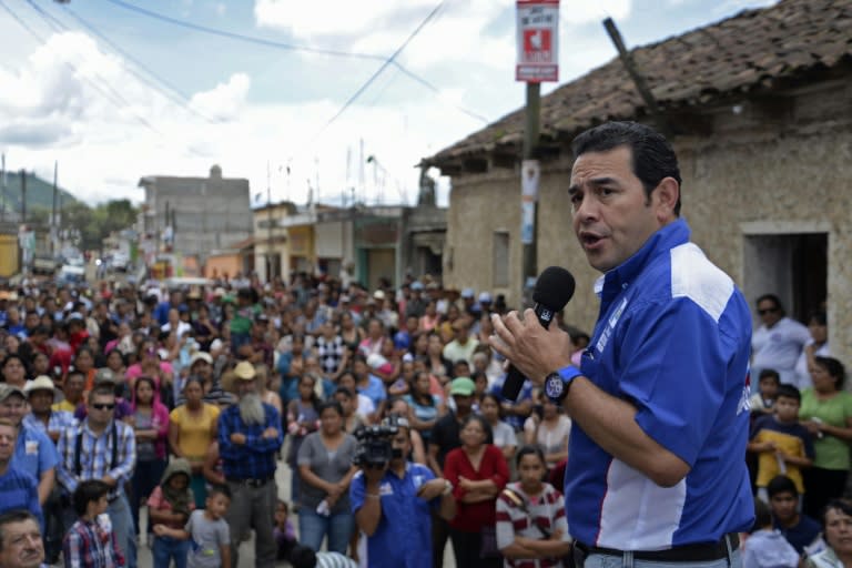 Jimmy Morales, Guatemalan presidential candidate for the National Front of Convergence party, speaks during a campaign rally in Mataquescuintla municipality, Jalapa department, on August 28, 2015