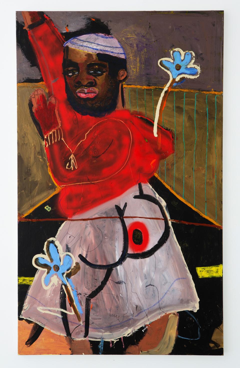 Jonathan Lyndon Chase, Jawn in red hoodie, 2017, acrylic, oil stick, oil paint, glitter, rhinestone plastic letter, and marker on canvas, 60" x 36" (152.40 x 91.44 cm).