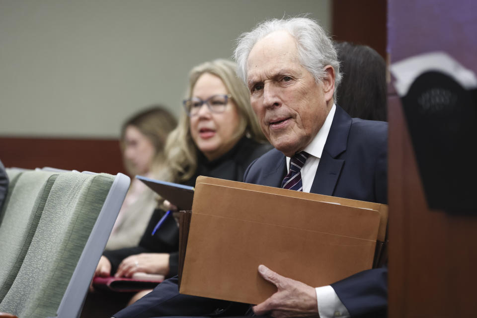 Richard Wright, attorney representing Nevada Republican Party Chairman Michael McDonald, appears in court in Las Vegas Monday, March 4, 2024. A judge pushed back to January 2025 the trial date for six Republicans who submitted certificates to Congress falsely declaring Donald Trump the winner of Nevada’s 2020 presidential election. (Wade Vandervort/Las Vegas Sun via AP)