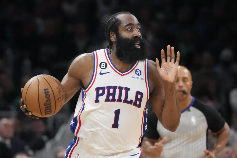 FILE -Philadelphia 76ers guard James Harden (1) calls to teammates during the first half of Game 5 against the Boston Celtics in the NBA basketball Eastern Conference semifinals playoff series, Tuesday, May 9, 2023, in Boston. James Harden might have side-eyed questions, much like he did in a playful reaction to a question in his Houston days, about his future with the Philadelphia 76ers. Will Harden return to the 76ers for a third season? (AP Photo/Charles Krupa, File)