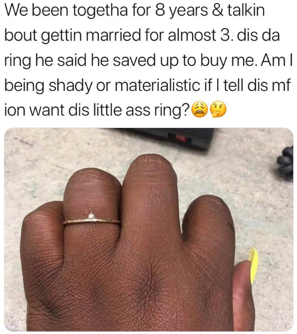 Woman furious over tiny engagement ring rant