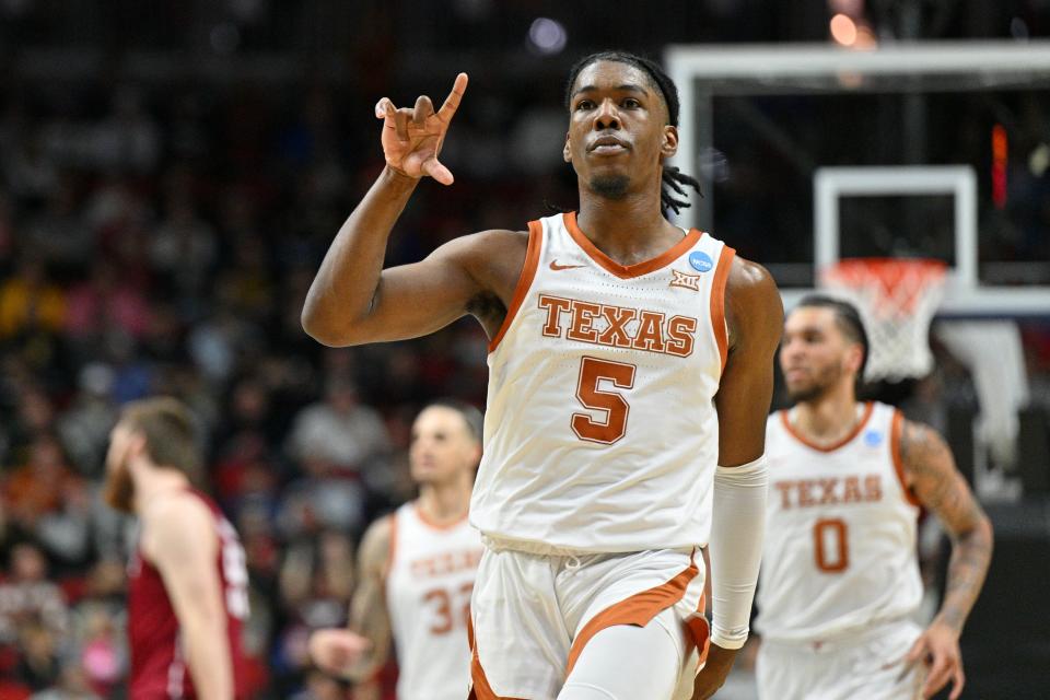 Mar 16, 2023; Des Moines, IA, USA; Texas Longhorns guard Marcus Carr (5) reacts after a play against the Colgate Raiders during the first half at Wells Fargo Arena.