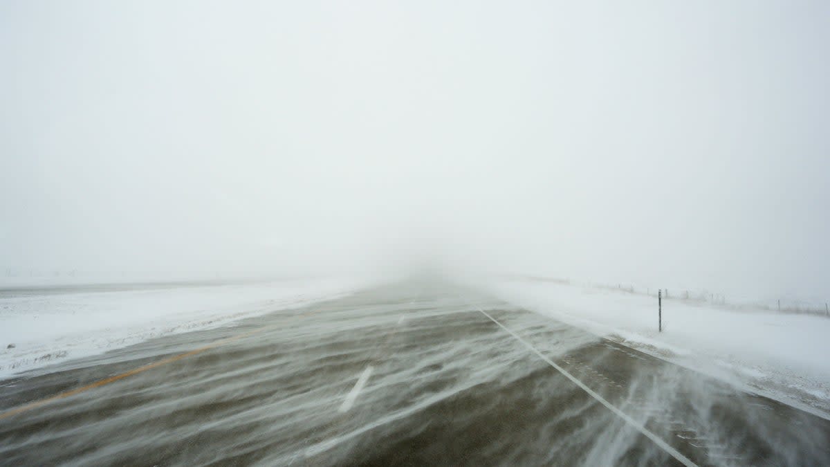 A snowy US Highway 20 is seen during a blizzard near Galva, Iowa, Saturday, Jan. 13, 2024 (Copyright 2024 The Associated Press. All rights reserved)