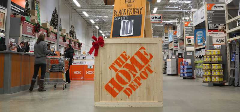 The Home Depot printed on a wooden crate in a store.