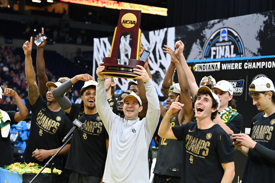 Scott Drew and the Baylor Bears celebrate after winning the 2021 national championship game. (Brett Wilhelm/NCAA Photos via Getty Images)