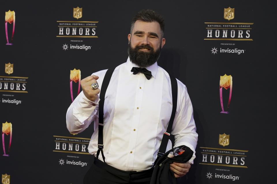 FILE - Philadelphia Eagles Jason Kelce arrives for the NFL Honors show Thursday, Feb. 10, 2022, in Inglewood, Calif. Jason Kelce has retired after 13 seasons with the Eagles. Kelce officially called it quits Monday, March 4, 2024, at the Eagles’ complex in Philadelphia.(AP Photo/Marcio Jose Sanchez)