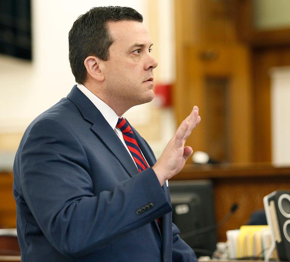 Assistant District Attorney Greg Connor makes an opening statement in Norfolk County Superior Court in Dedham on Thursday, June 8, 2023, in the trial of Emanuel Lopes, who is is accused of murdering Weymouth police Sgt. Michael Chesna and Vera Adams in 2018.