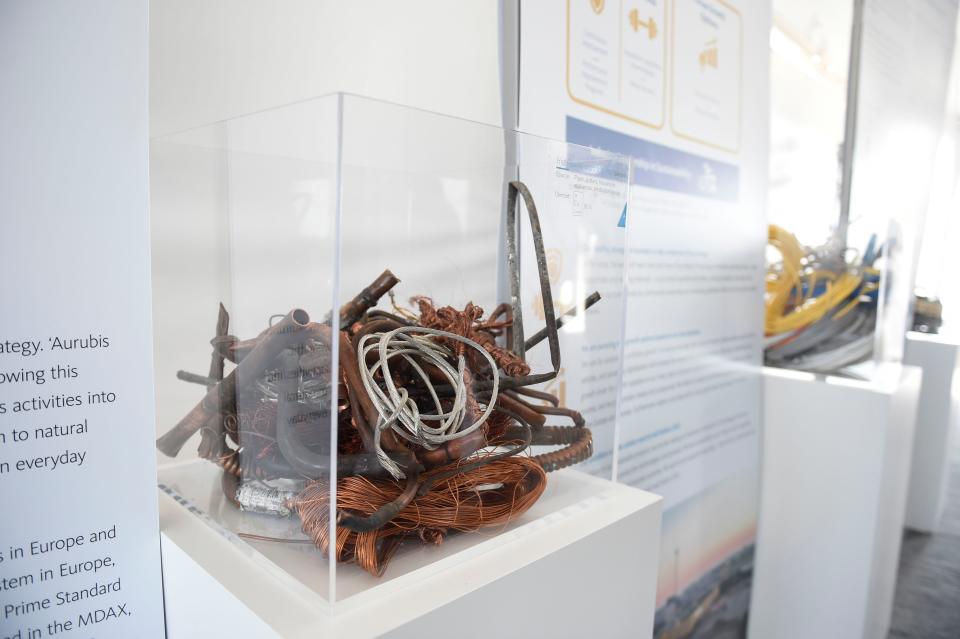 A display detailing Aurubis' work to recycle copper is set up at the Aurubis Richmond groundbreaking.