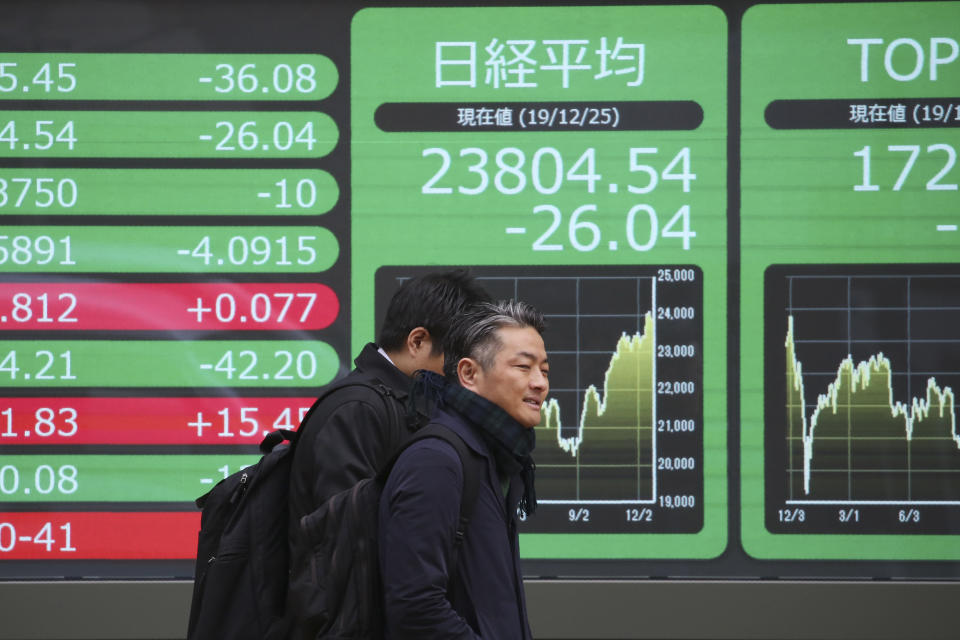 People walk by an electronic stock board of a securities firm in Tokyo, Wednesday, Dec. 25, 2019. Chinese and Japanese stocks declined Wednesday while most other Asian markets were closed for Christmas Day.(AP Photo/Koji Sasahara)