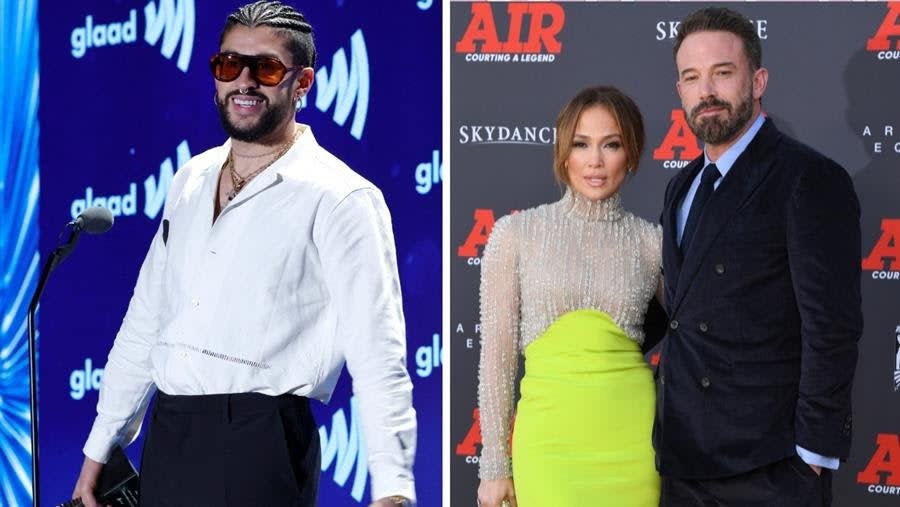 (Left) Honoree Bad Bunny at the GLAAD Media Awards; (Right) Jennifer Lopez and Ben Affleck at the “Air” premiere. (Frazer Harrison/Getty Images for GLAAD; Jon Kopaloff/Getty Images)