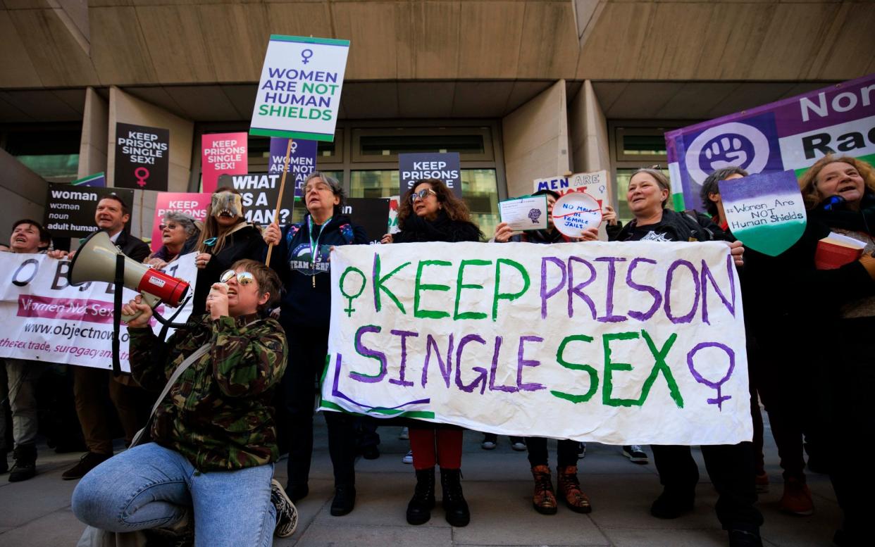 A protest outside the Ministry of Justice against the policy of housing male prisoners, where they identify as transgender, alongside women prisoners in the female estate - Jamie Lorriman