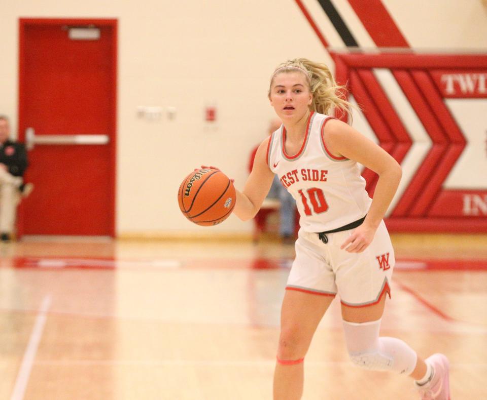 West Lafayette senior Adrianne Tolen dribbles the ball to the right side during the IHSAA Class 3A Sectional Semifinals at Kent Adams Court on Friday, Feb. 2, 2024.