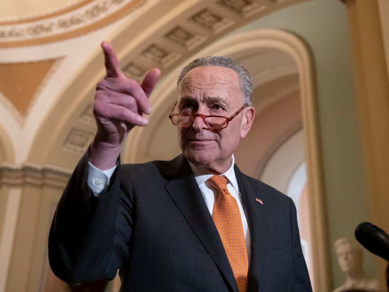 Senate Minority Leader Chuck Schumer of N.Y., points to a question as he speaks with reporters Tuesday, Dec. 3, 2019 in Washington, on Capitol Hill. (AP Photo/Alex Brandon)