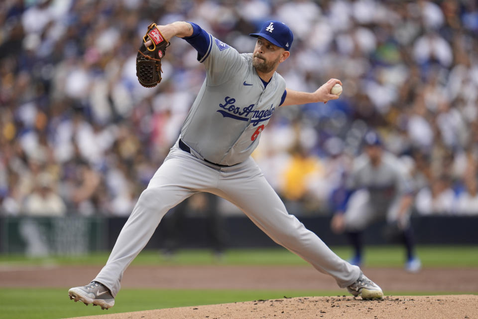 Los Angeles Dodgers starting pitcher James Paxton works against a San Diego Padres batter during the first inning of a baseball game, Saturday, May 11, 2024, in San Diego. (AP Photo/Gregory Bull)