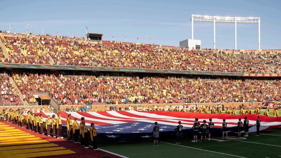 Oct. 29, 2022; Minneapolis, Minnesota; Pregame between the Rutgers Scarlet Knights and Minnesota Golden Gophers at Huntington Bank Stadium. Matt Blewett-USA TODAY Sports