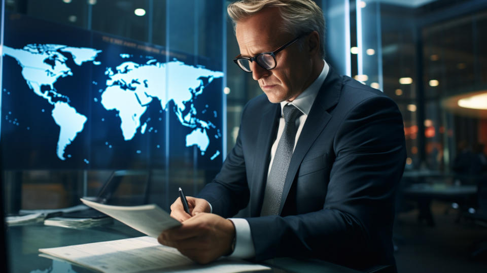 An experienced banker in a modern office handling foreign exchange transactions.