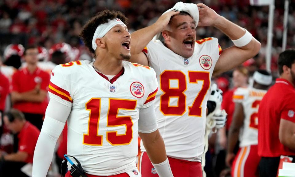 <span><a class="link " href="https://sports.yahoo.com/nfl/players/30123/" data-i13n="sec:content-canvas;subsec:anchor_text;elm:context_link" data-ylk="slk:Patrick Mahomes;sec:content-canvas;subsec:anchor_text;elm:context_link;itc:0">Patrick Mahomes</a> and <a class="link " href="https://sports.yahoo.com/nfl/players/26686/" data-i13n="sec:content-canvas;subsec:anchor_text;elm:context_link" data-ylk="slk:Travis Kelce;sec:content-canvas;subsec:anchor_text;elm:context_link;itc:0">Travis Kelce</a>’s partnership will be crucial in Sunday’s game. </span><span>Photograph: Rick Scuteri/AP</span>