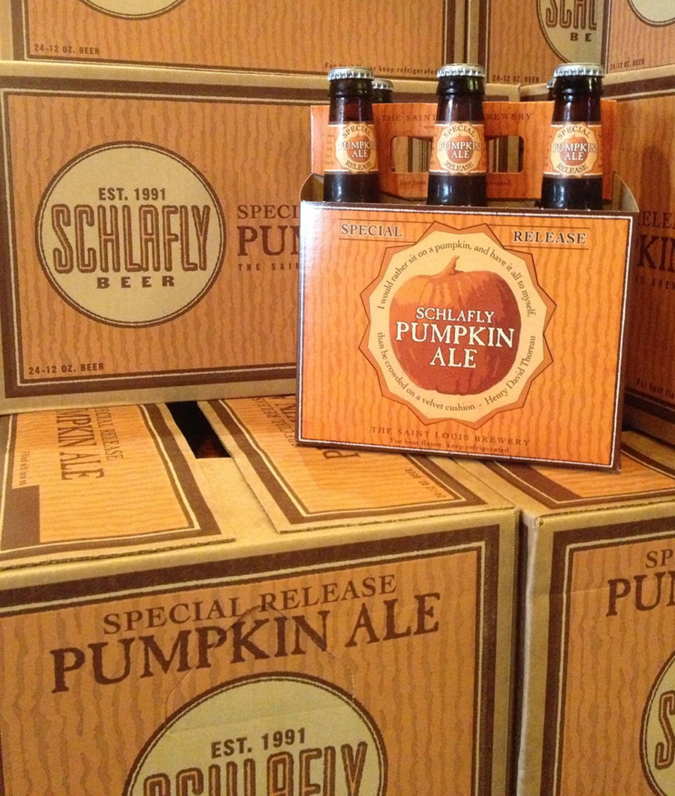 This undated image made available by Schlafly Beer on Aug. 30, 2013 shows the company's Pumpkin Ale in St. Louis. Labor Day may be considered the unofficial end of summer, but some craft brewers couldn’t even wait until then to roll out their pumpkin and other fall seasonal beers. Many already have been in stores and on taps for a month. (AP Photo/Schlafly Beer)