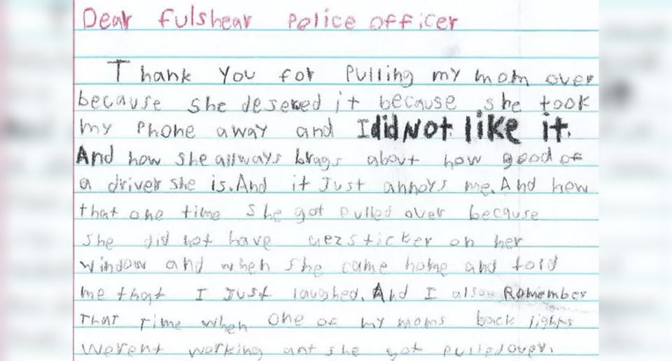 The boy thanked police for pulling over his mum in a hilarious handwritten letter. Source: Facebook/ Fulshear Police Department