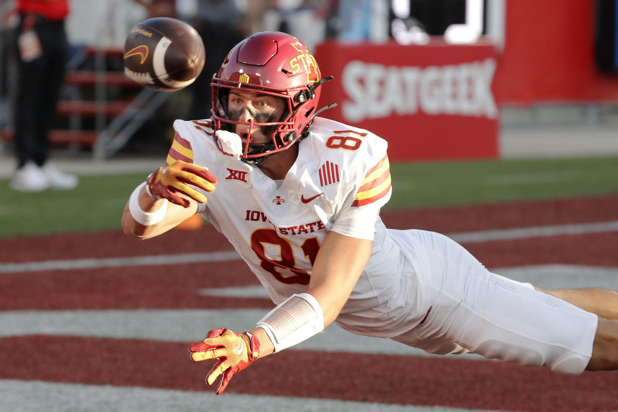 Iowa State wide receiver Brett Eskildsen knocks away the ball from the endzone on a punt by Houston during the first half of an NCAA college football game, Saturday, Sept. 28, 2024, in Houston. (AP Photo/Michael Wyke)