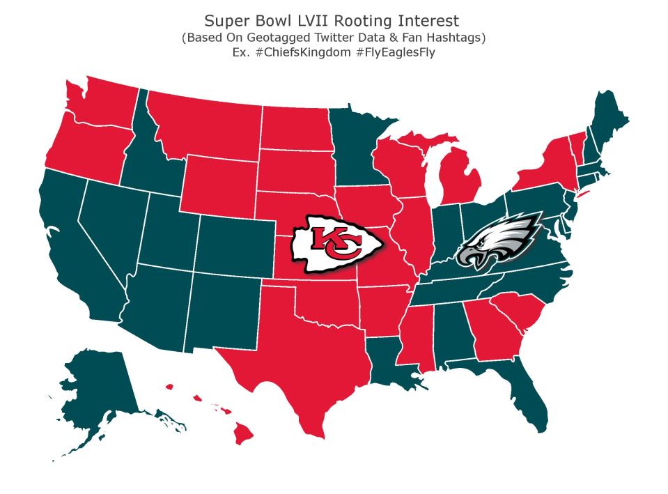 Super Bowl LVII rooting interest by state.