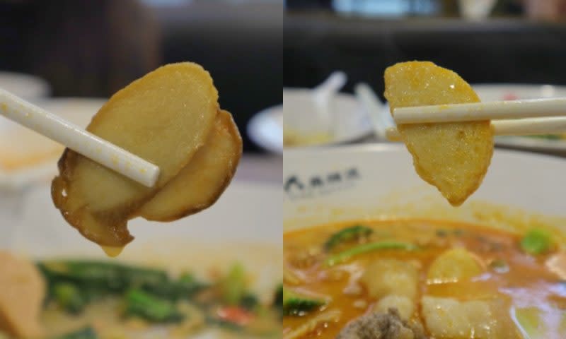 ji xing hot pot - closeup of oyster mushroom and fishcake