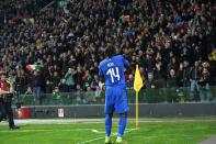 Italy's Moise Kean celebrates after scoring his side's second goal during the Euro 2020 Group J qualifying soccer match between Italy and Finland at the Friuli-Dacia Arena stadium in Udine, Italy, Saturday, March 23, 2019. (Alberto Lancia/ANSA via AP)