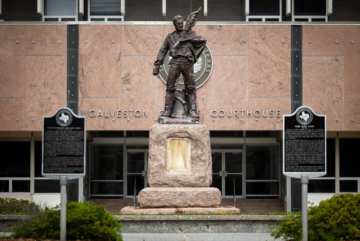 A statue of a returning Confederate soldier on Thursday, April 21, 2022 in Galveston, TX. Known as The “Dignified Resignation,” the monument has stood in front of the Galveston County Courthouse since 1911. Commissioner Stephen Holmes made a motion to have the statue removed in 2020 but it was not supported by any other commissioners.