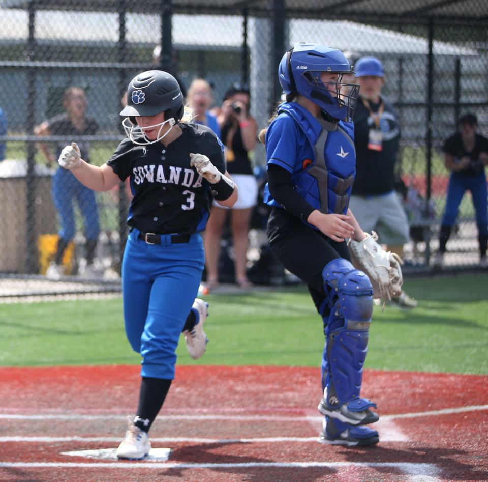Gowanda's Ella Luther crosses home plate during the Class C New York State Softball Championship versus S.S. Seward on June 10, 2023.