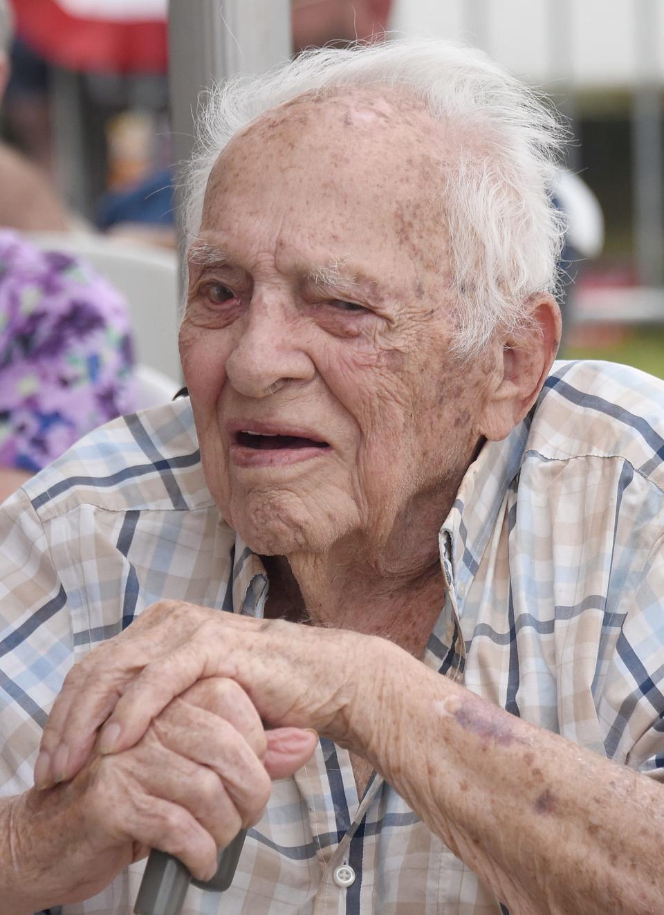 Robert Keinath, of Dundee, was awarded the trophy as the oldest man attending the Senior Citizens' Program Wednesday at the 2023 Monroe County Fair. Keinath is 101 and will be 102 this coming September.