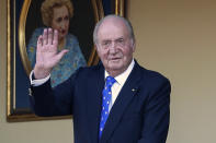 FILE - Spain's former King Juan Carlos waves during a bullfight at the bullring in Aranjuez, Madrid, Spain, Sunday, June 2, 2019. Former King Juan Carlos will return to the country on Thursday, May 19, 2022 for his first visit since leaving nearly two years ago amid a cloud of financial scandals. (AP Photo/Andrea Comas, File)